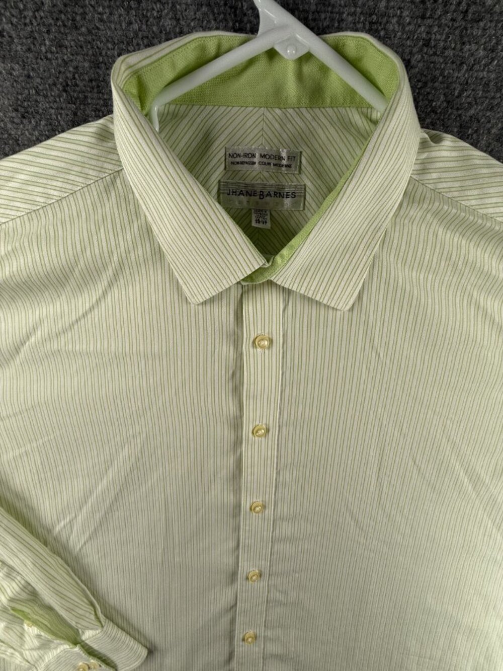 Jhane Barnes Green Striped Button Up Shirt Men 18.5 Modern Fit Non Iron Woven